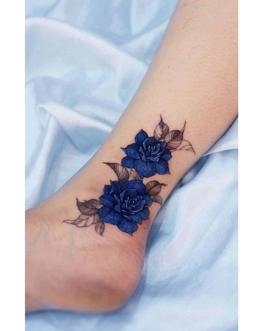 Blue Rose Ankle Tattoo