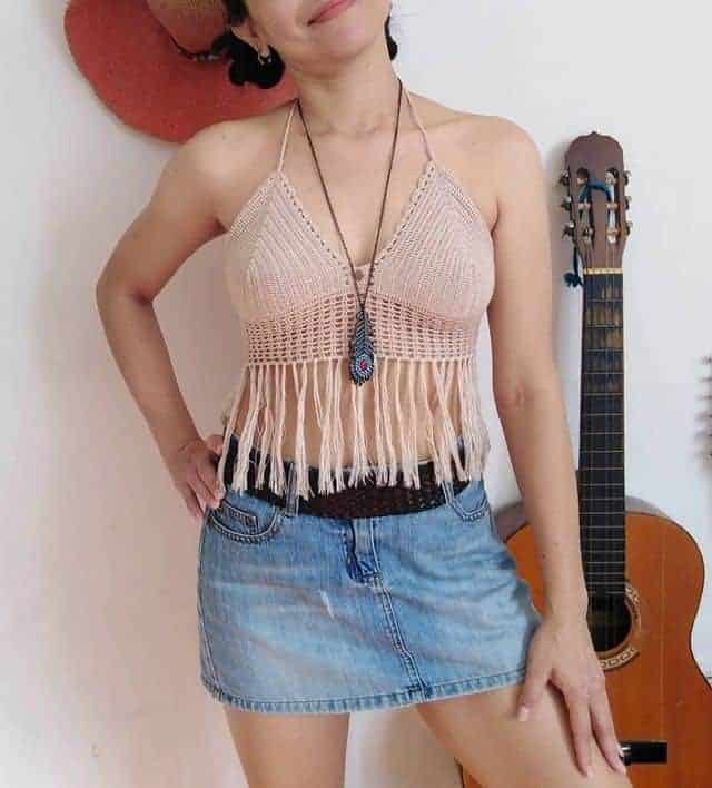 Fringe Crochet Top and Denim Mini Skirt