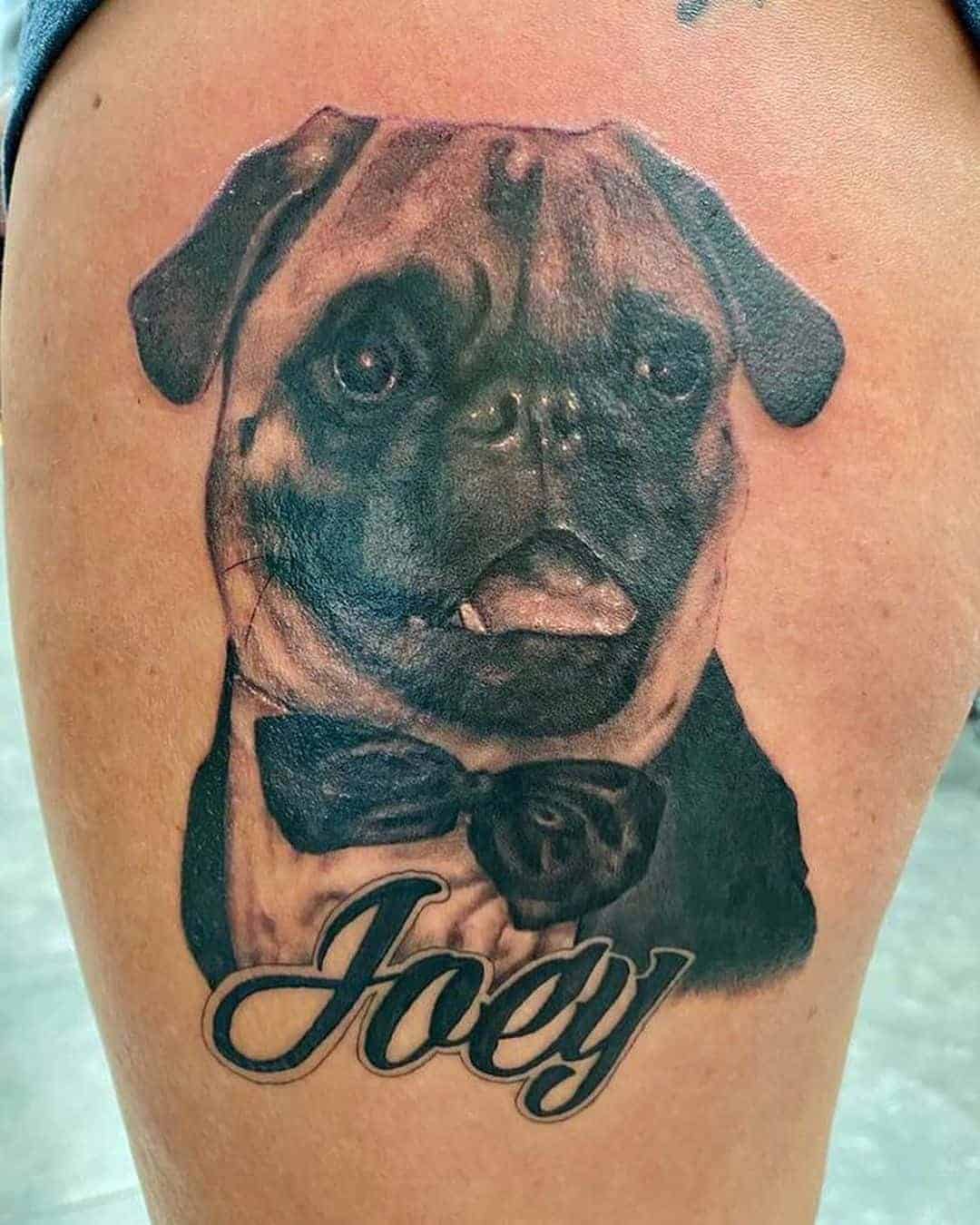 Pug in a Suit and Name Tattoo