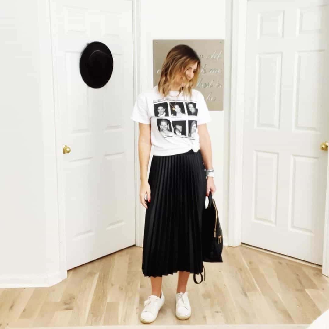 Faux Leather Pleated Skirt and Graphic T-Shirt