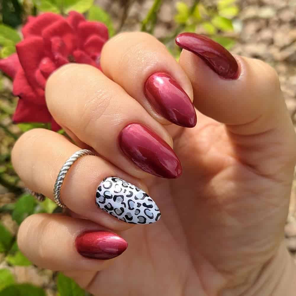 Berry Red Nails With Leopard Print