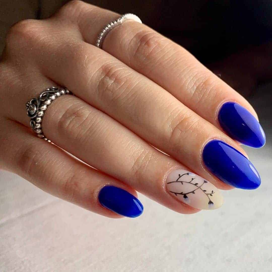 Blue Nails With Floral Accents