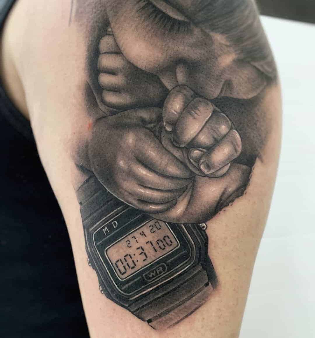 Watch With Baby and Hour of Birth Tattoo