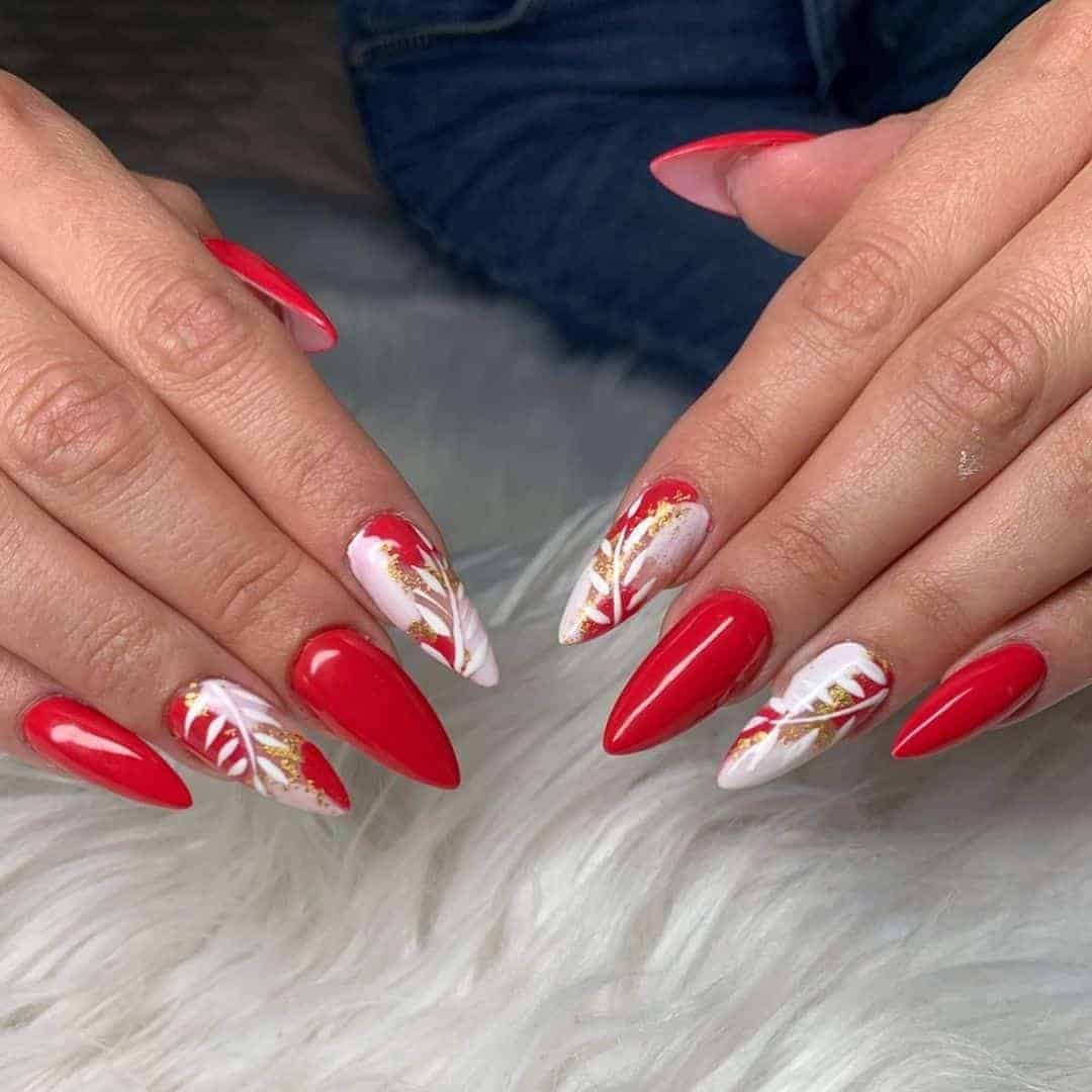 Red Nails With White Leaves