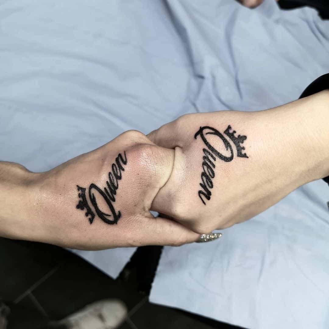 “Queen” With Crown Matching Tattoos