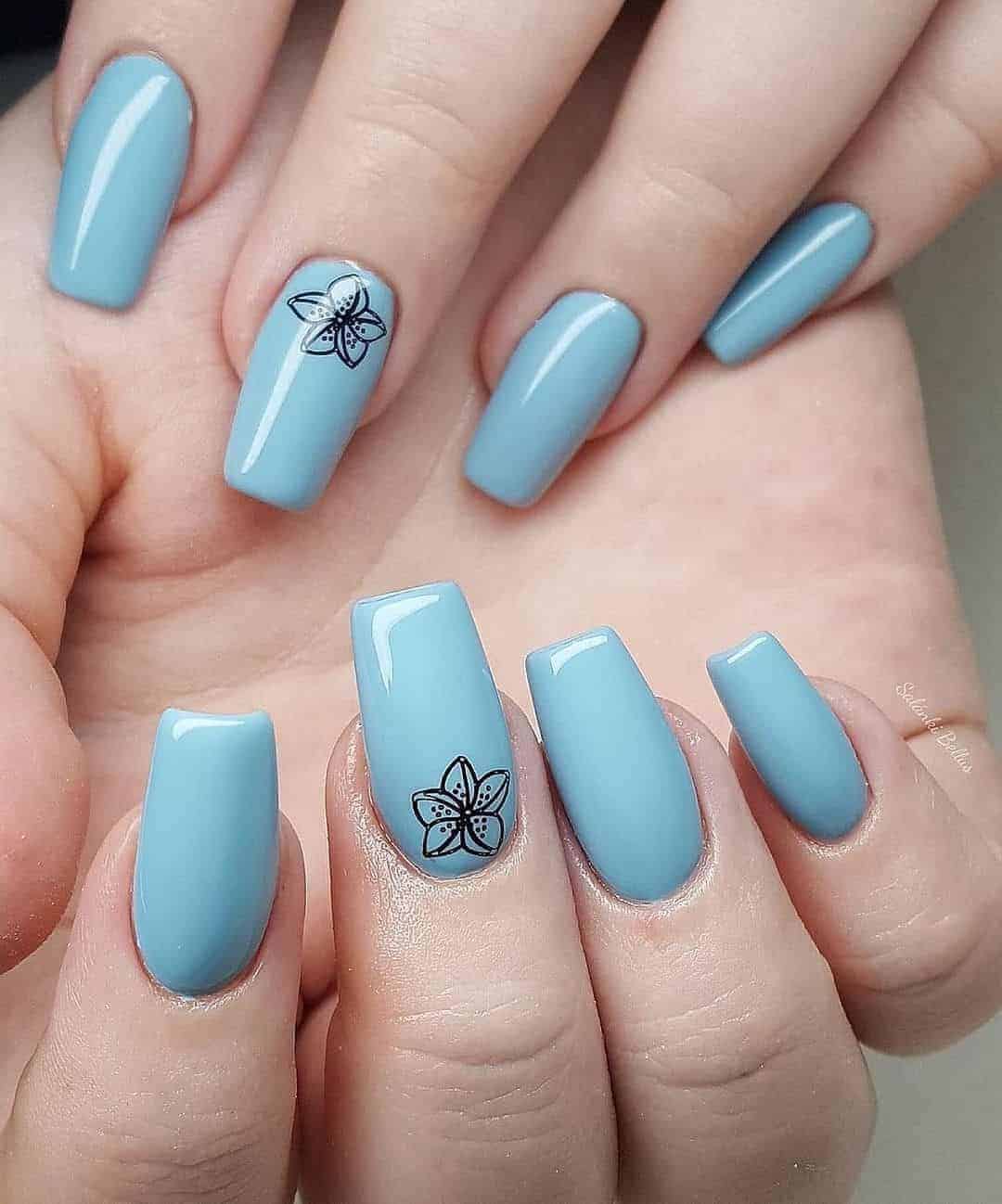 Blue Nails With Flower Silhouette