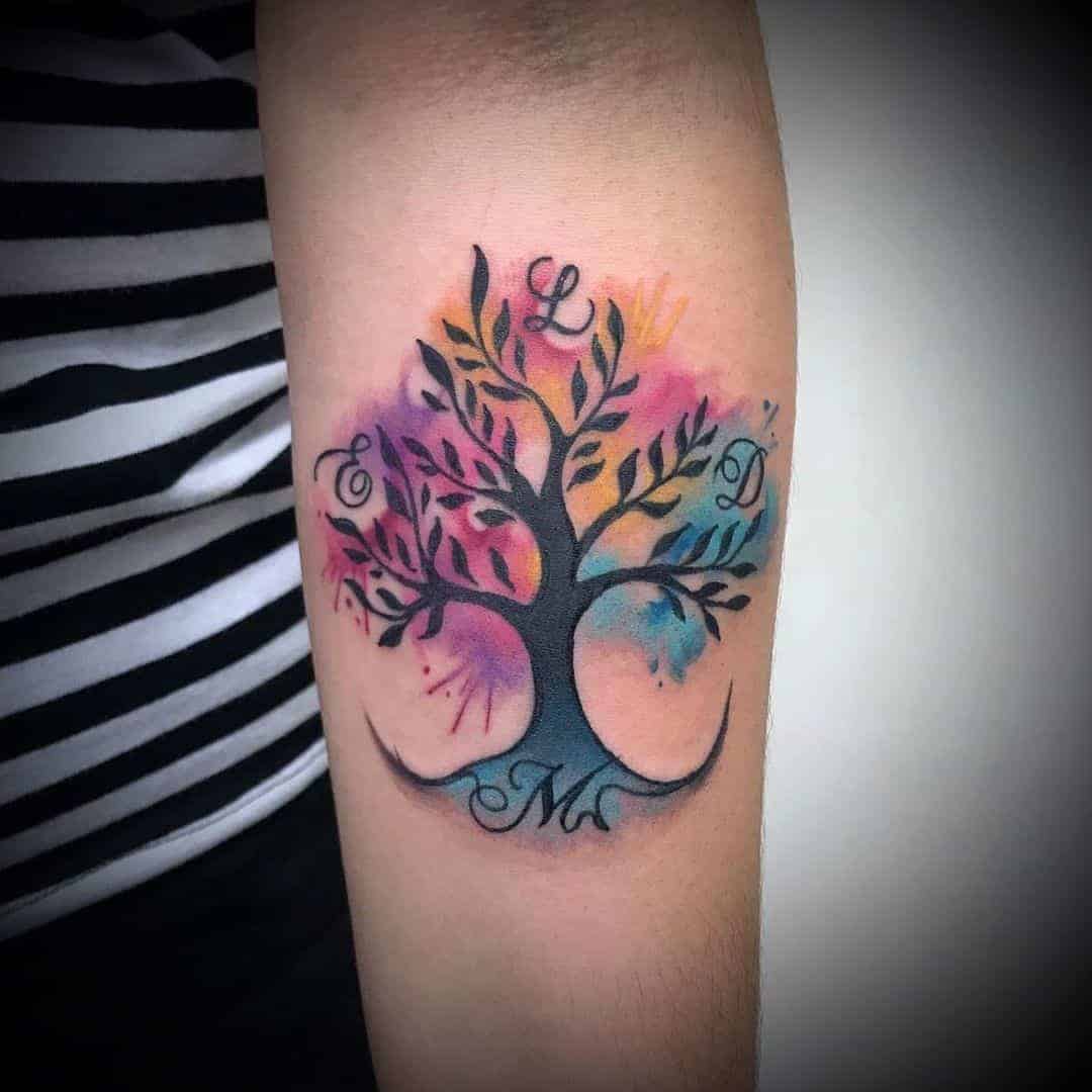 Colorful Family Tree Tattoo With Initials