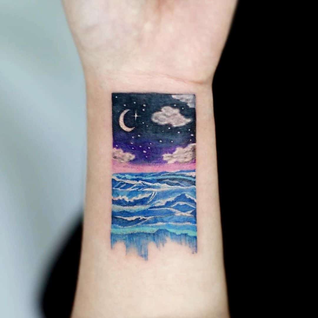 Tiny Colorful Landscape Tattoo