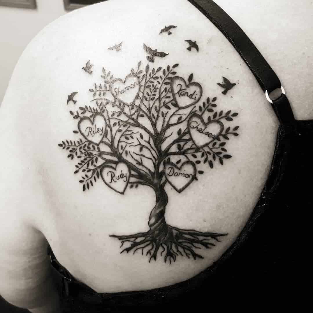 Family Tree Tattoo With Hearts and Birds