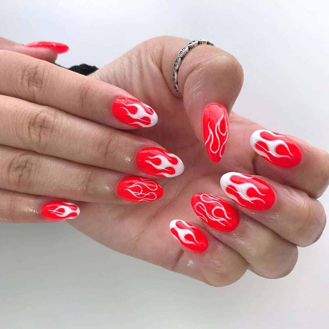 Red Nails With White Flames