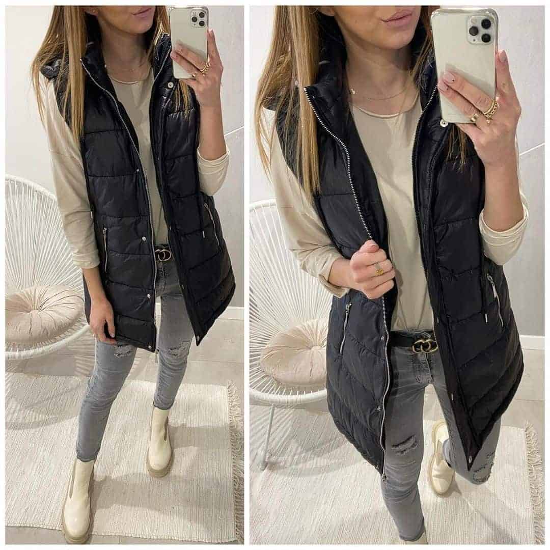 Puffer Vest, Basic Top, and Jeans