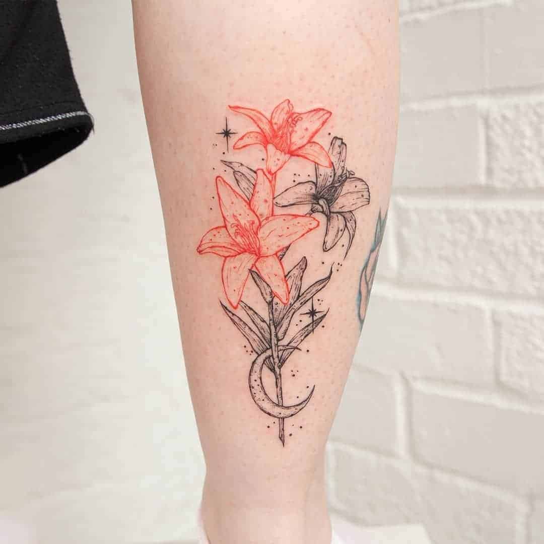 Red and Black Lilies and Moon Outline