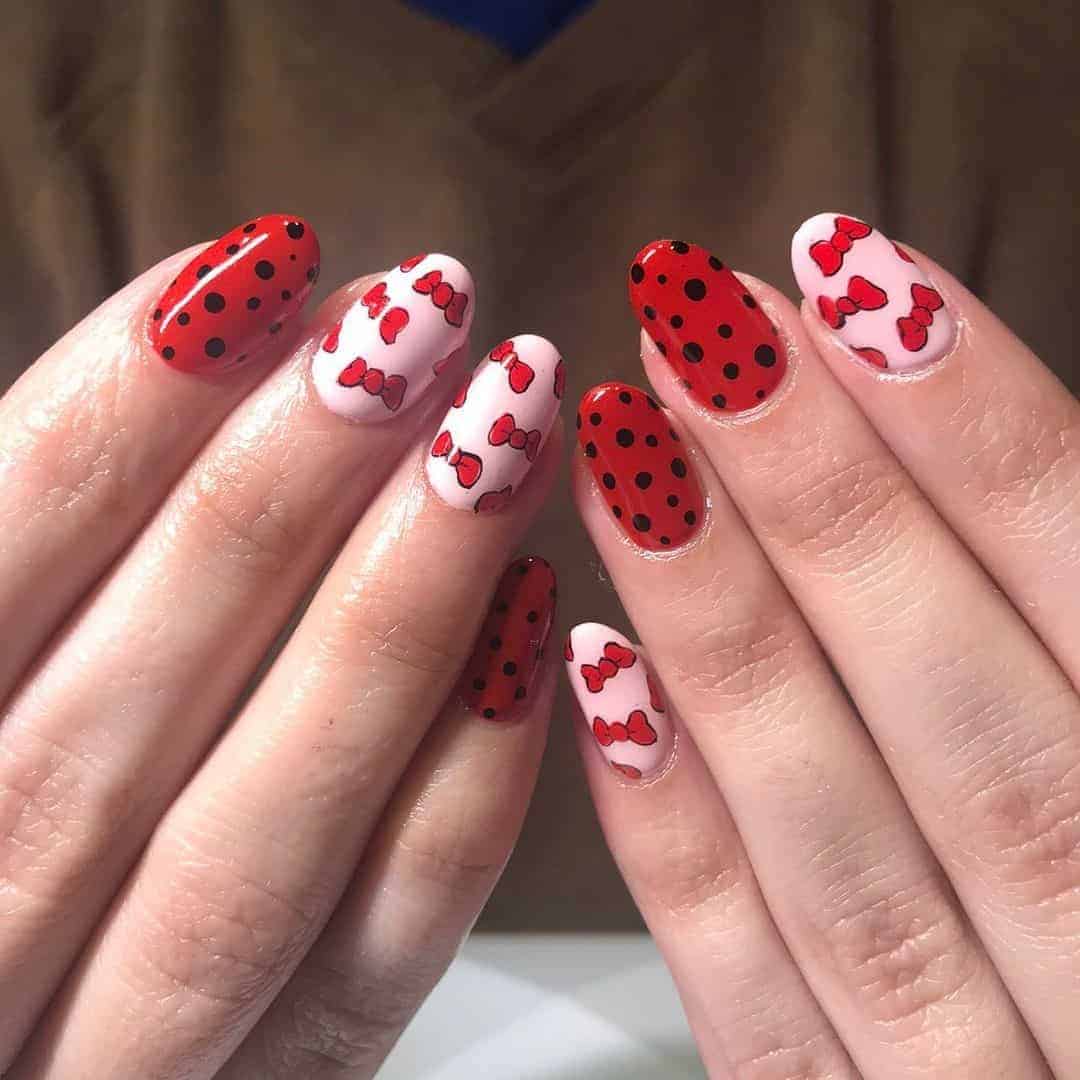 Red Nails With Polka Dots and Bow Ties