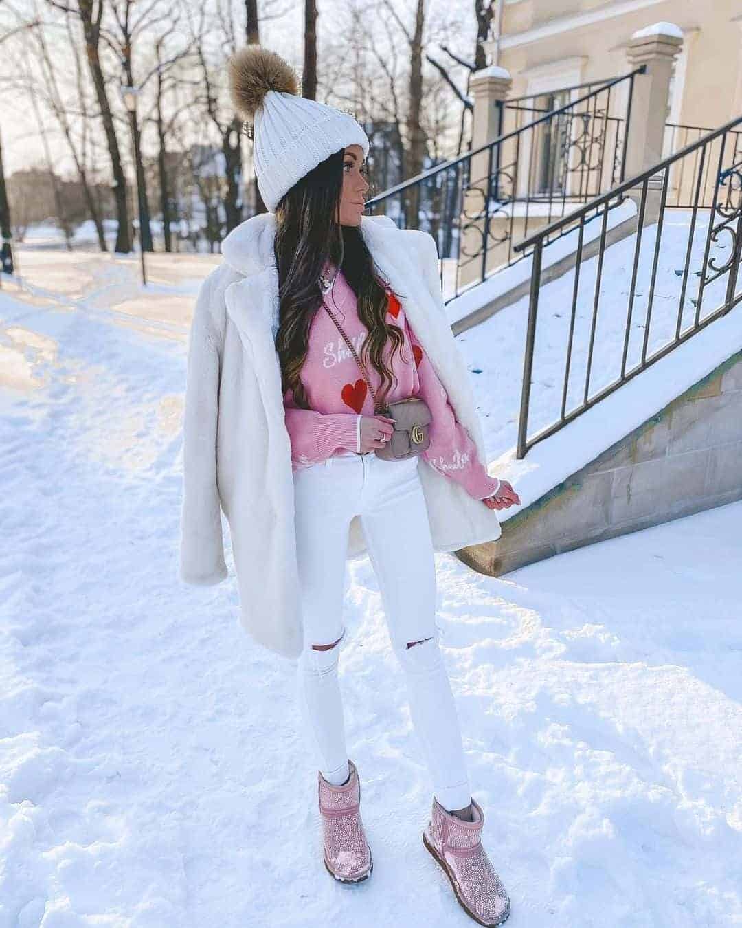 White Jeans, Sweater and Faux Fur Coat