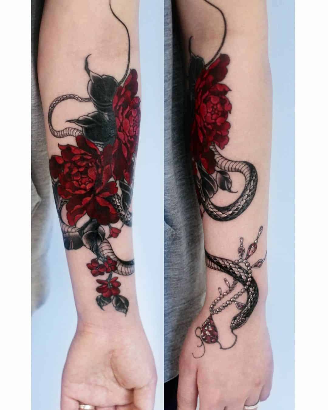 Snake and Red Rose Tattoo