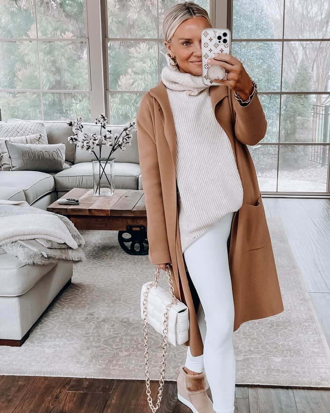 Turtleneck Sweater, White Leggings, and Long Wool Coat