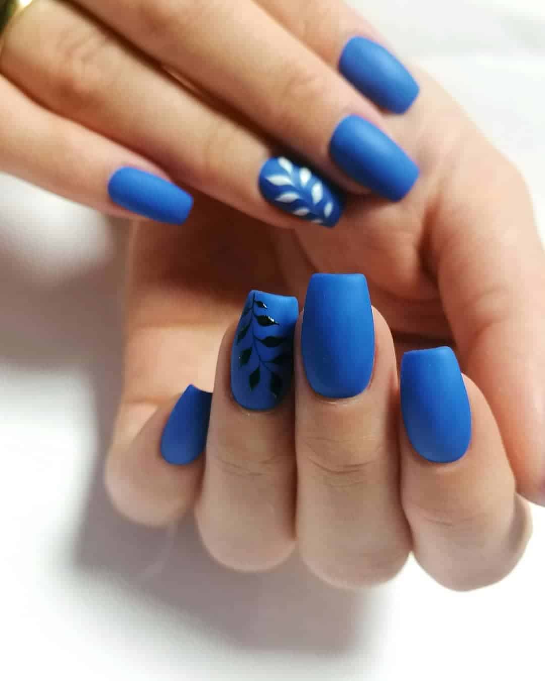 Matte Blue Nails With Foliage