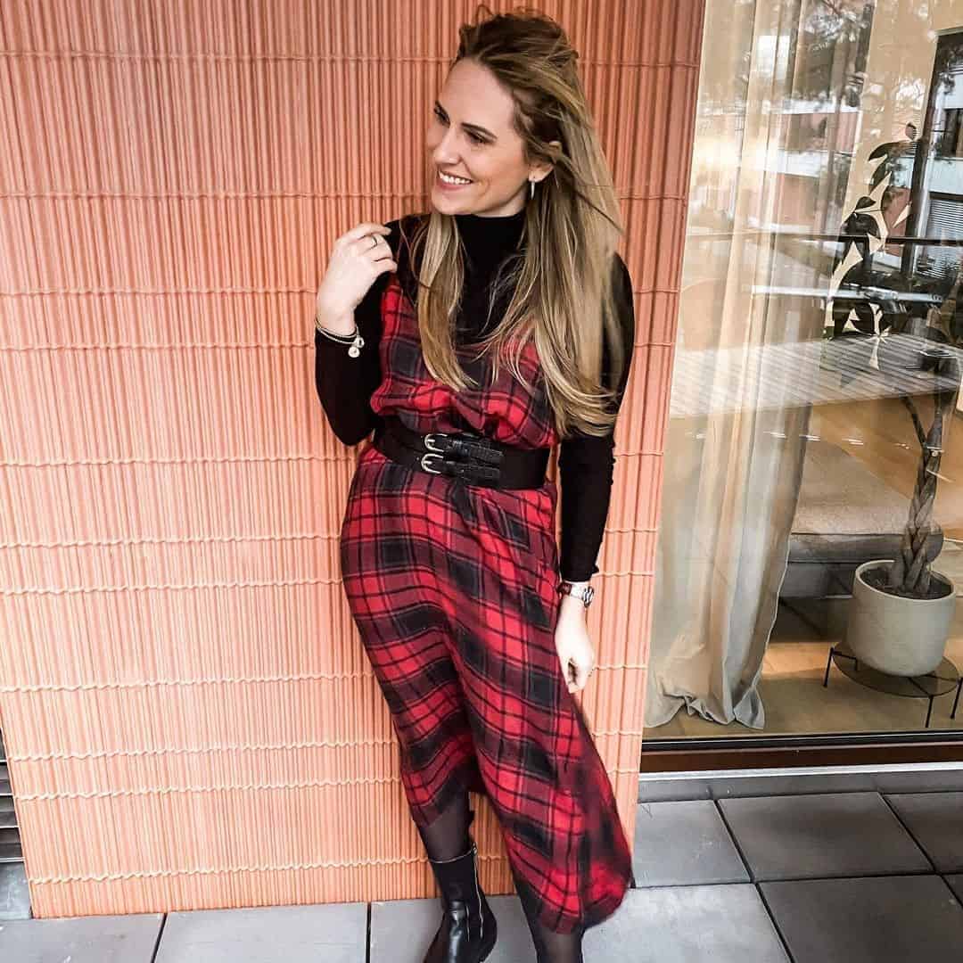 Plaid Dress and Black Long-Sleeved Top