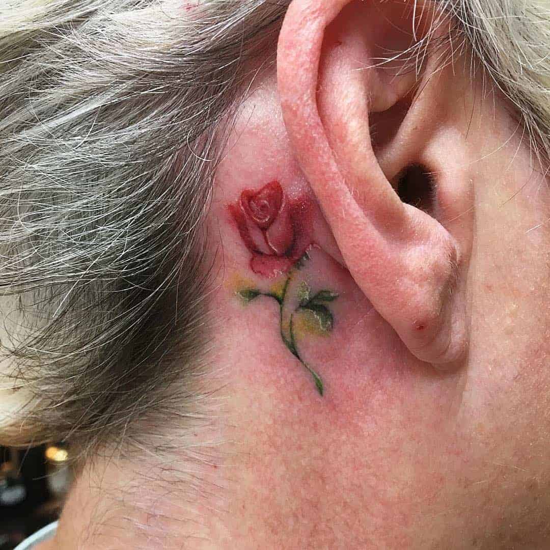 Small Rose Tattoo Behind the Ear