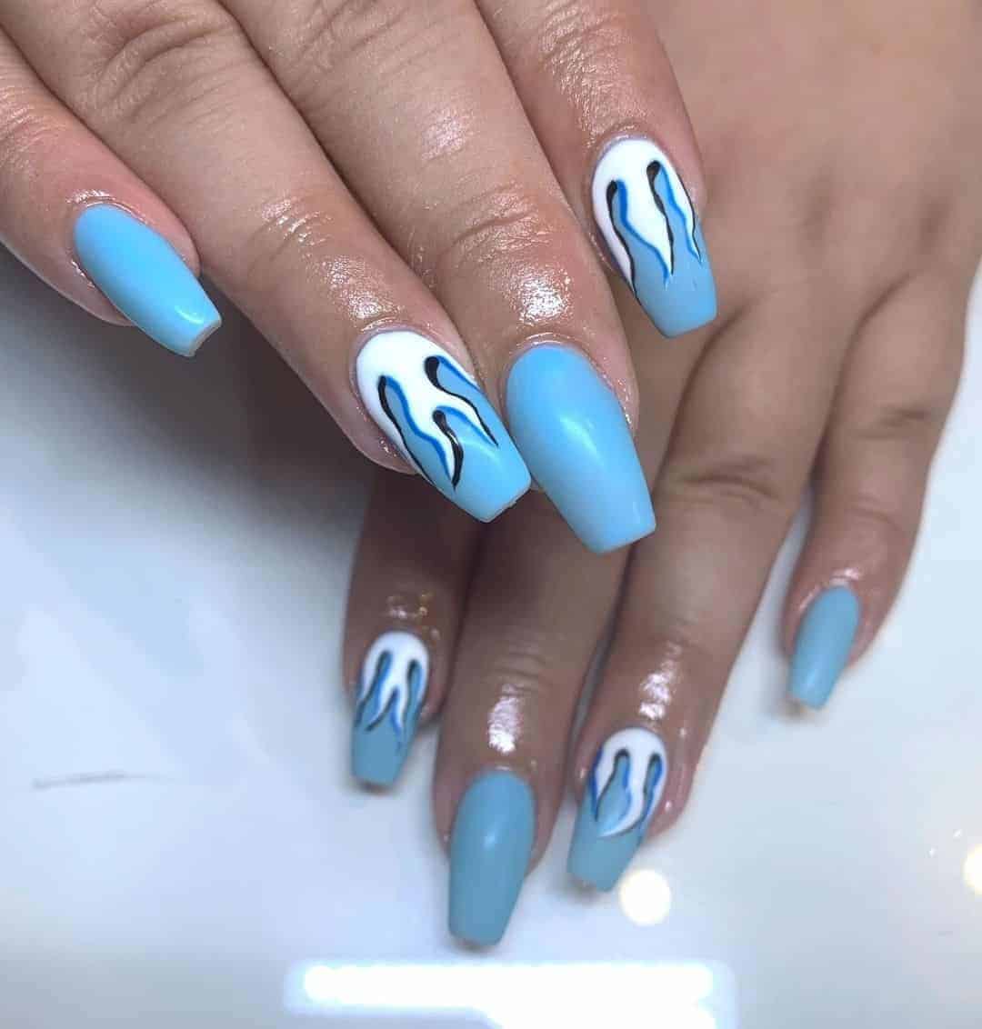 Blue Nails With White Flames