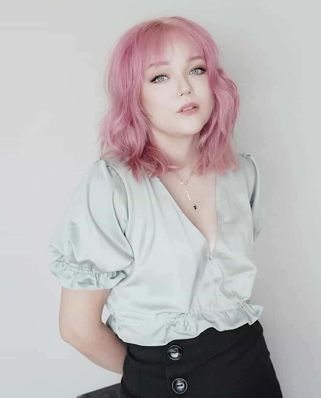 Pretty Pink Long Bob With Bangs