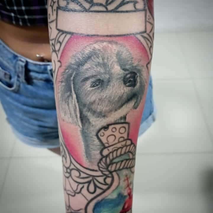 Black and White Dog Portrait With Colourful Background Tattoo