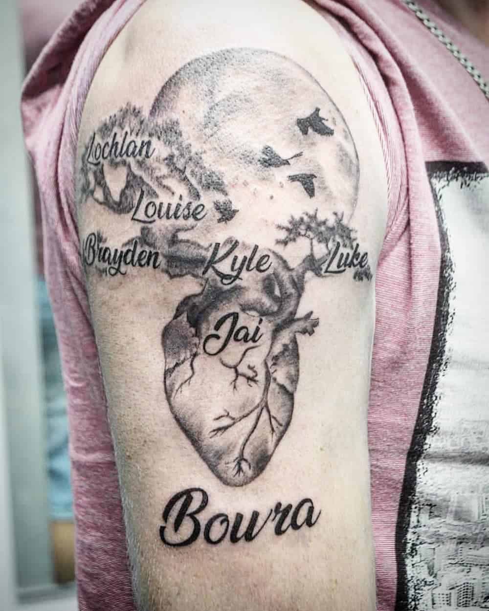 Family Tree Tattoo With Heart and Moon