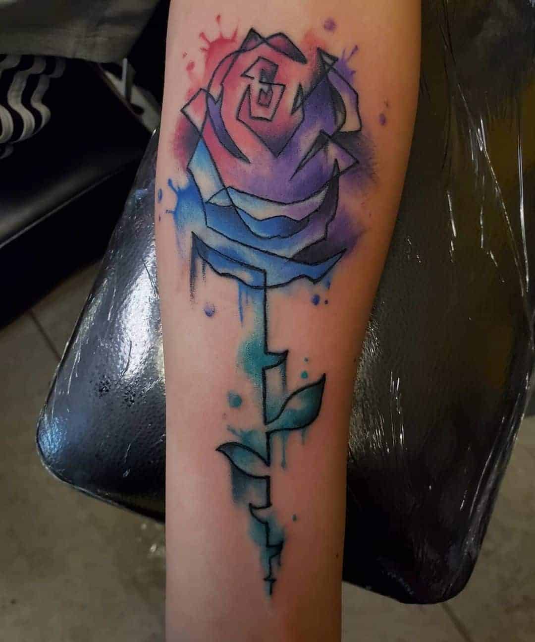 Watercolor Linework Rose Tattoo