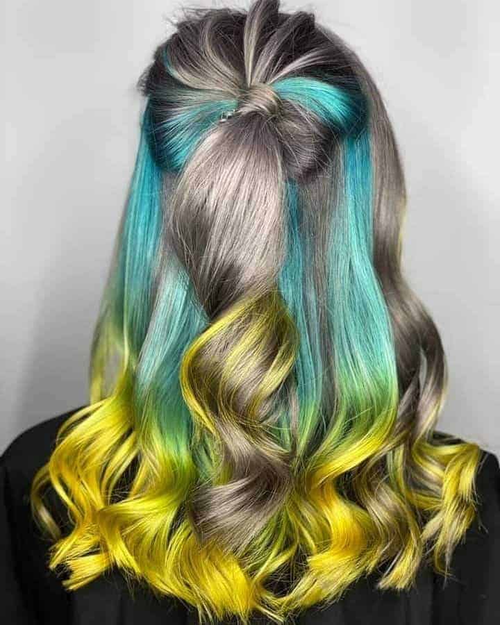 Turquoise and Yellow Streaked Hair