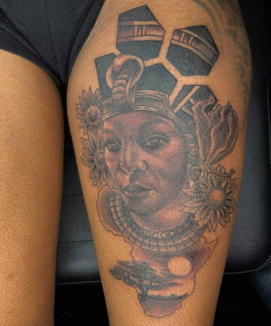 African Queen Portrait With Sunflowers and African Profile